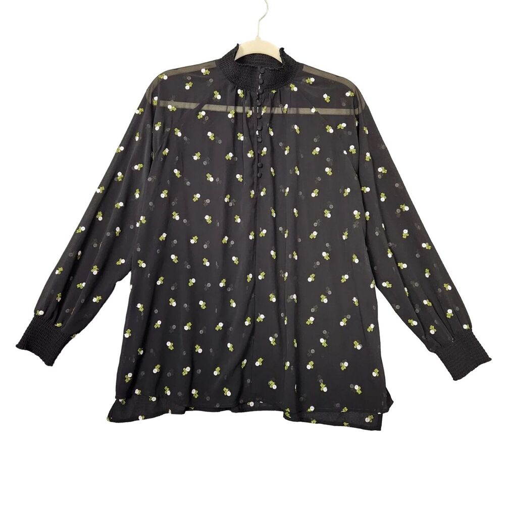 CABI #5338 Black Sheer Floral Embroiderd Long Sleeve High Neck Top SIZE SMALL